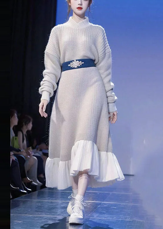 Deal Dash Art Beige Turtleneck Patchwork Cotton Knit Sweater Dress Long Sleeve