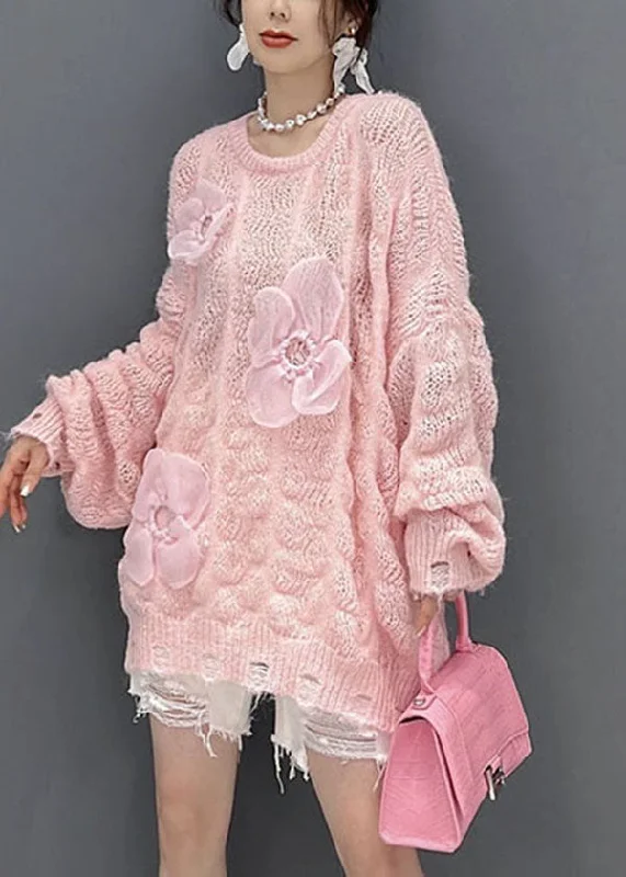 Weekend Savings Bonanza Beautiful Pink Oversized Hollow Out Applique Knit Sweater Tops