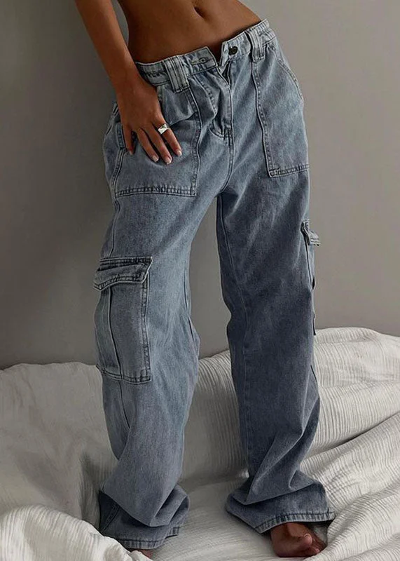 Deal of the Day Stylish Blue Pockets Elastic Waist Patchwork Denim Wide Leg Pants Fall