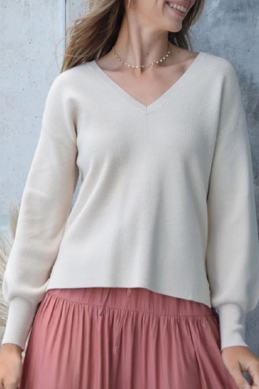 Weekend Specials to Grab Humility Cream Soft Fine Gauge Balloon Sleeve V Neck Knit