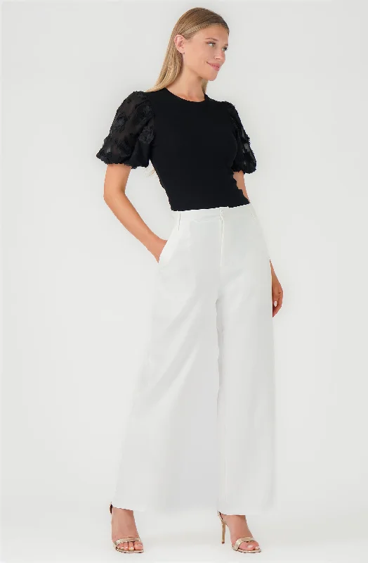 Fantastic Offers Knit Top with Flower Puff Sleeves