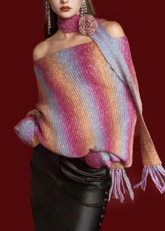New Markdowns Gradient Color Slash Neck Asymmetrical Thick Cotton Knitted Sweater Long Sleeve