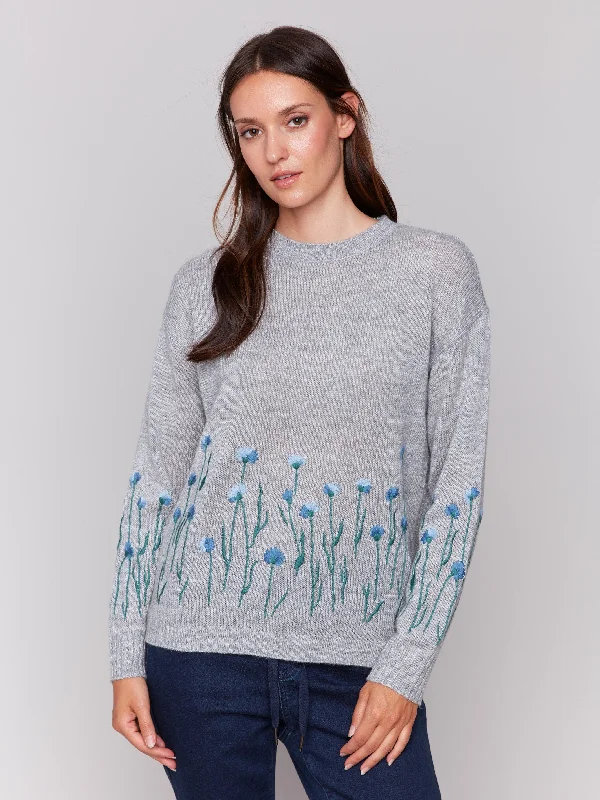 Weekend Savings Sensation Sweater with Embroidered Flowers - Grey