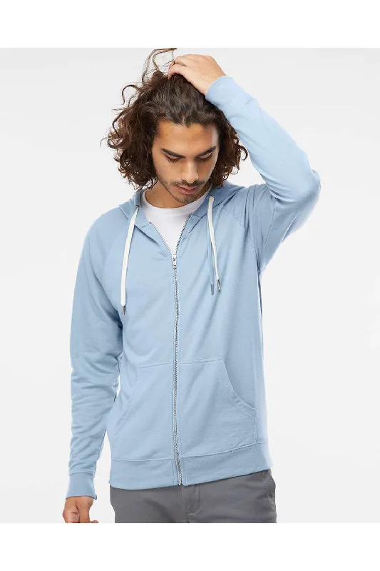 Independent Trading Co. Mens Icon Loopback Terry Full Zip Hooded Sweatshirt Hoodie w/ Pockets - Misty Blue