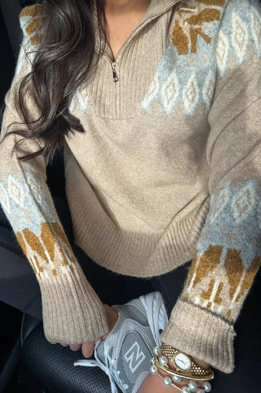 Super Sale Work With You Taupe Pattern Half Zip Sweater