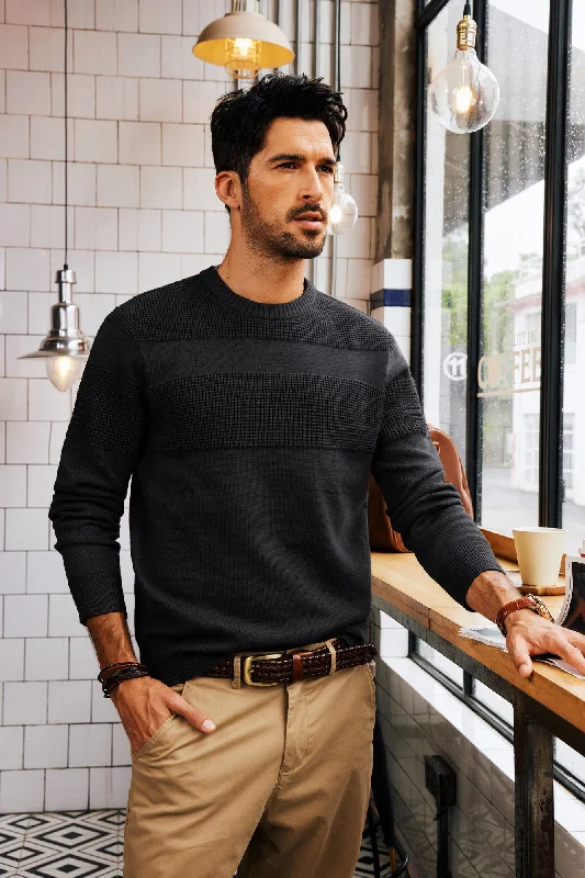 Men Textured Sweater Long Sleeve Crew Neck Ribbed Cuff Pullover Knitwear