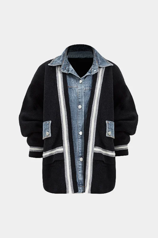 Can't Beat Knit Button Patchwork Denim Long Sleeve Cardigan