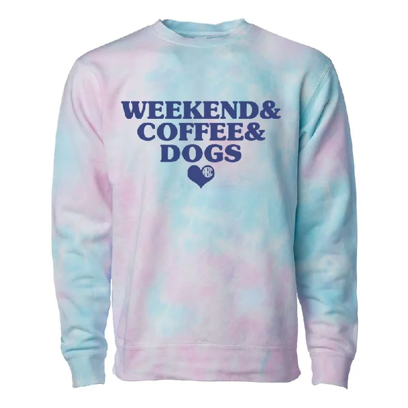 Seasonal Sale Monogrammed 'Weekend & Coffee & Dogs' Tie Dye Crewneck Sweatshirt