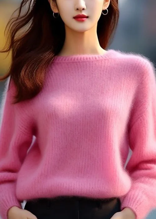 New Arrival Women Pink O Neck Solid Cotton Knit Sweaters Spring