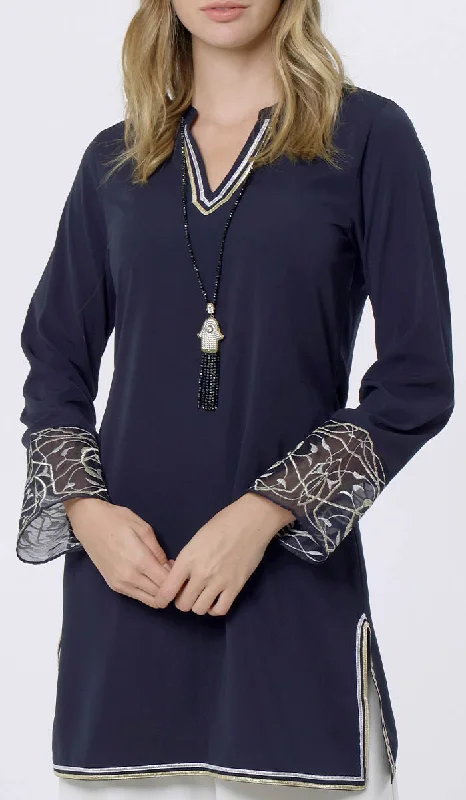 Big Discounts Ines Gold & Silver Embroidered Long Modest Tunic - Midnight - PREORDER (ships in 2 weeks)