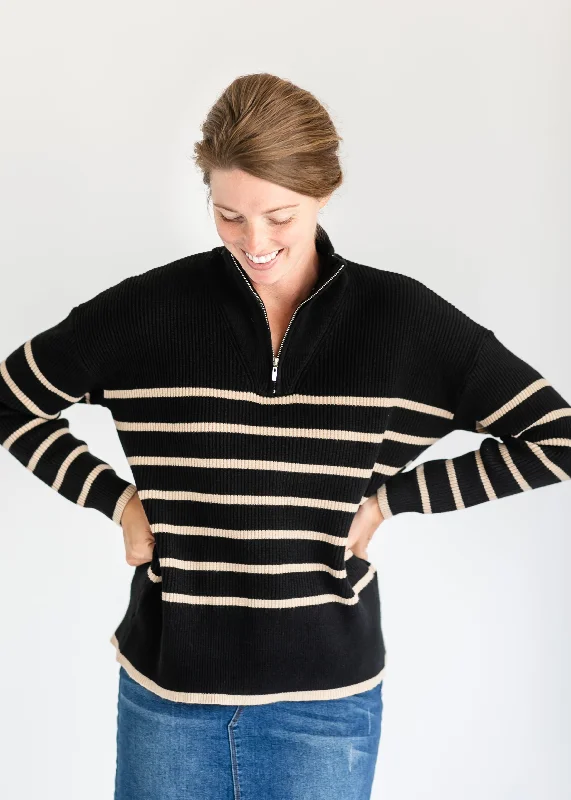 Reduced Prices Nova Taupe Striped Black Quarter Zip Sweater - FINAL SALE
