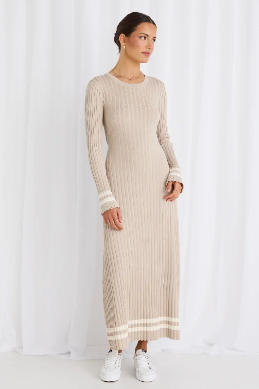 Weekend Wonders Await! Willow Taupe Stripe LS Crew Neck Maxi Knit Dress