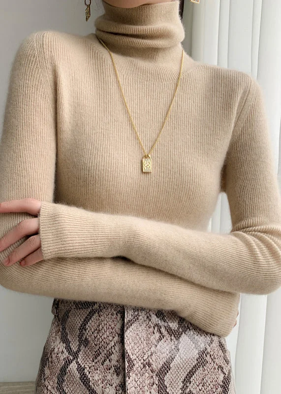 Extra Savings Classy Apricot Hign Neck Cozy Cashmere Sweater Tops Fall