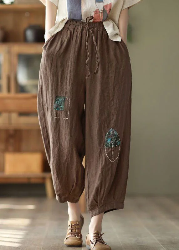 Online Exclusive Vintage Coffee Embroideried Pockets Cinched Patchwork Linen Harem Pants Summer