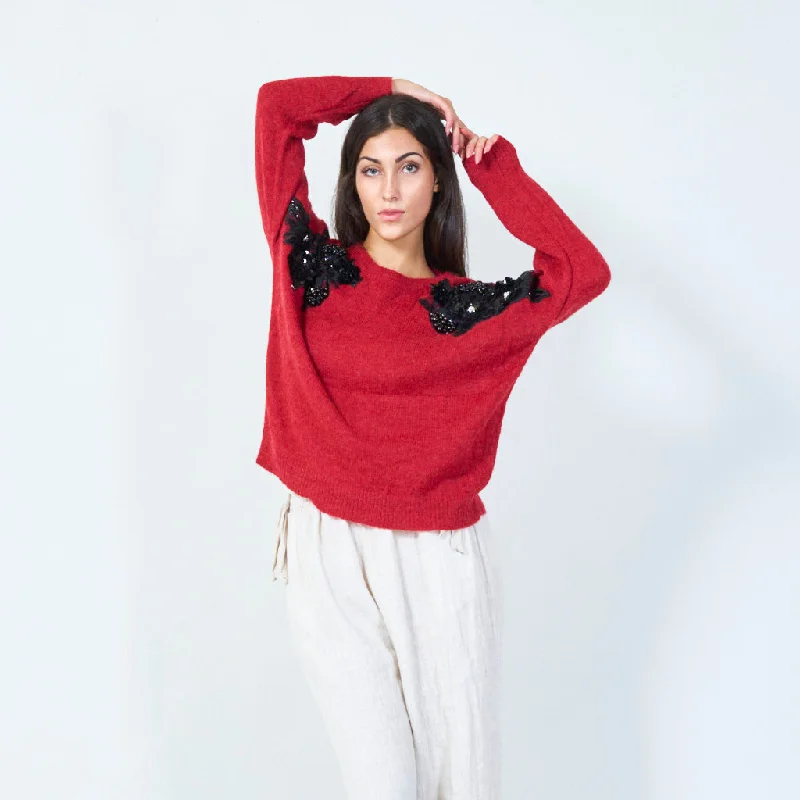 Referral Discount Embellished floral applique sweater wholesale