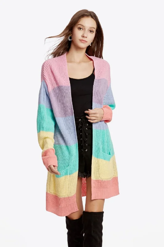Time-Limited Offer Color Block Open Front Drop Shoulder Cardigan with Pockets