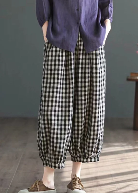 Exclusive Access Style Black White Plaid Elastic Waist Crop Plaid Pants