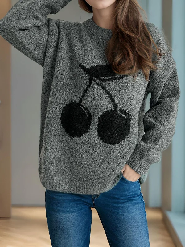 Price Drop Alert Cherry Round Neck Long Sleeve Sweater