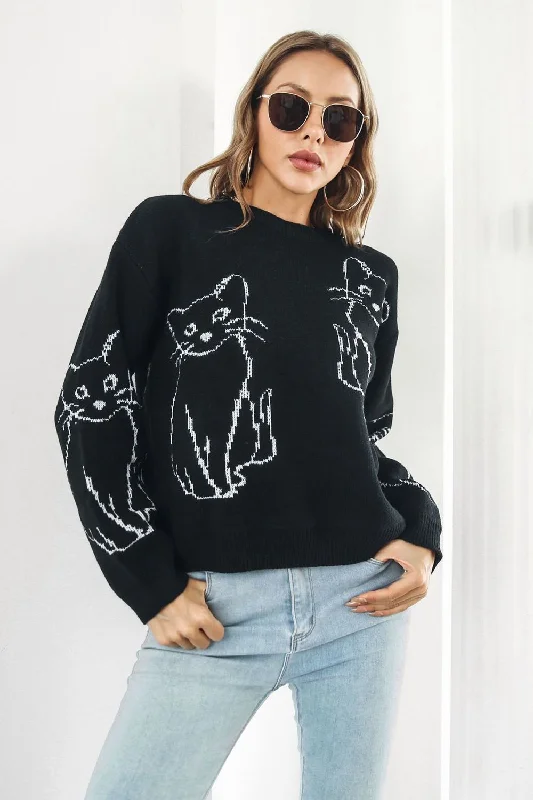 Markdown Sale Cat Pattern Round Neck Long Sleeve Pullover Sweater