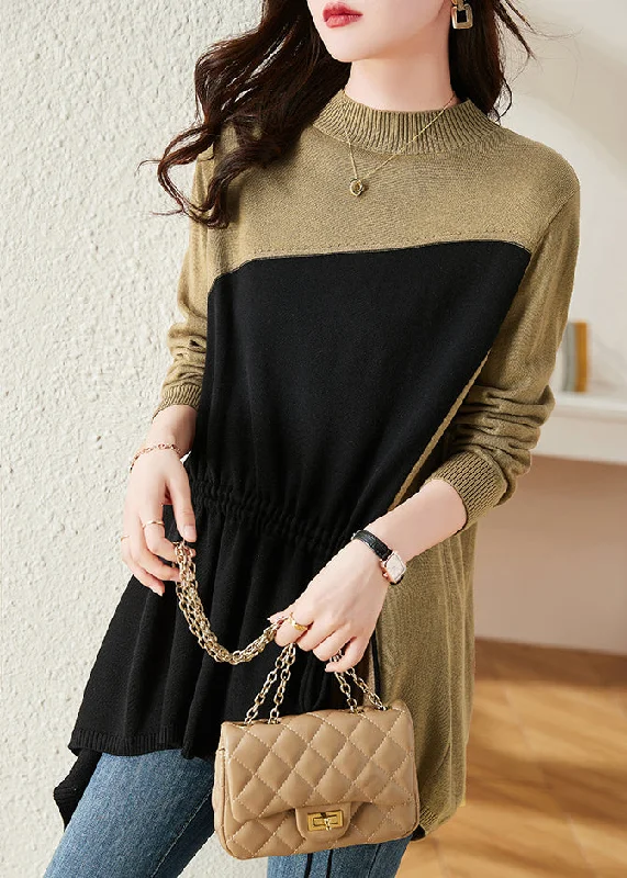 Final Offer Modern Khaki O Neck Cinched Patchwork Knit Sweater Tops Winter