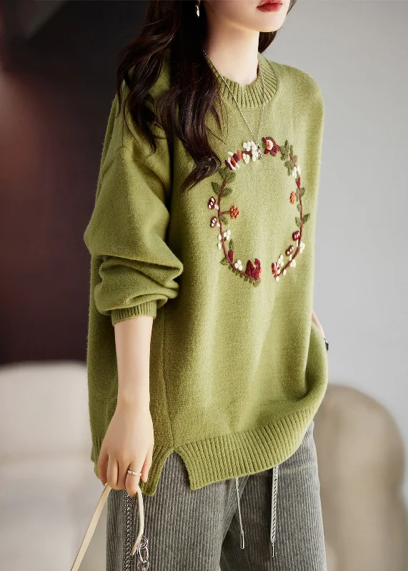 Buy Now Art Grass Green Embroidered Thick Knit Sweater Tops Winter