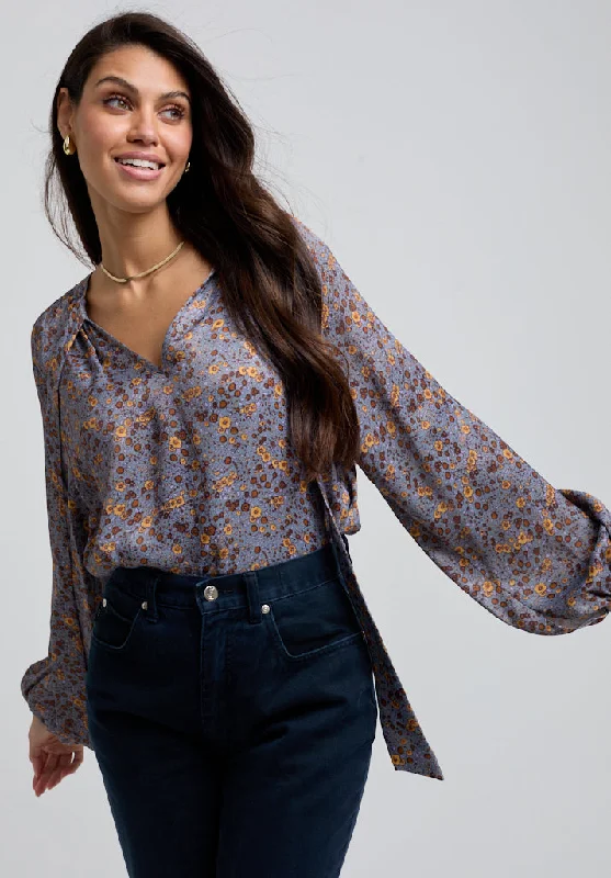 Clearance Items Helena Bow Detail Aster Print Blouse In Grey
