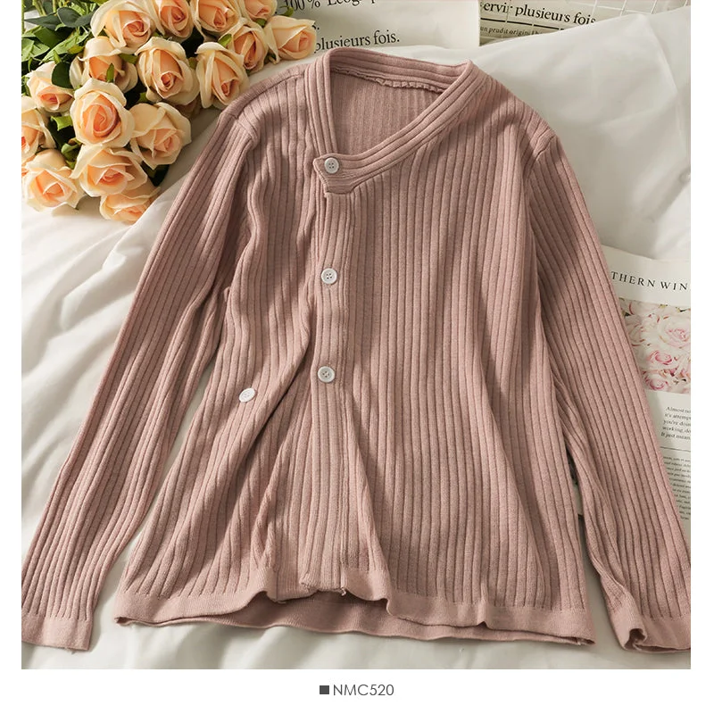 Deal Dash Han Fan irregular single breasted V-Neck long sleeve sweater female  2038