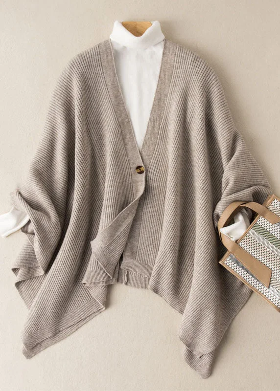 YEAR-End Clearance Elegant Oatmeal V Neck Button Cotton Knit Sweaters Cardigans Batwing Sleeve