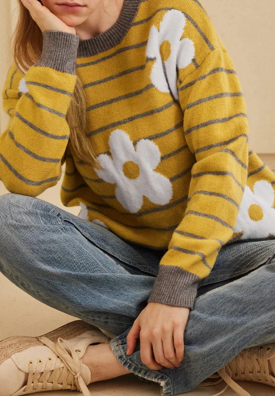 Early Access Flower Stripe Round Neck Long Sleeve Sweater