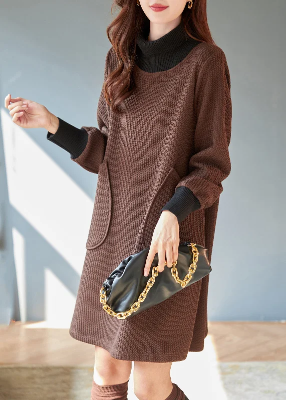 Unbeatable Prices Classy Chocolate High Neck Patchwork Thick Knit Dress Spring