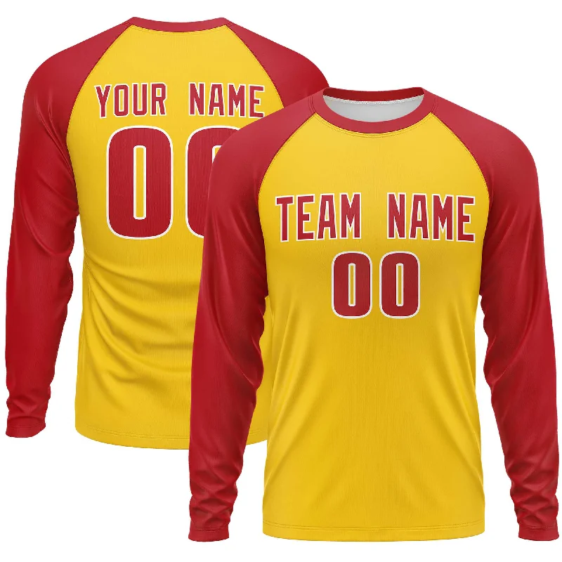 Custom Gold Red Crew Neck Raglan Long Sleeve Performance T-Shirt