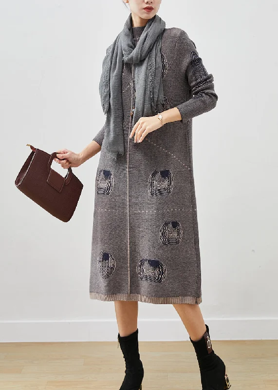 Your Weekend, Your Savings Art Grey Stand Collar Print Knit Sweater Dress Spring