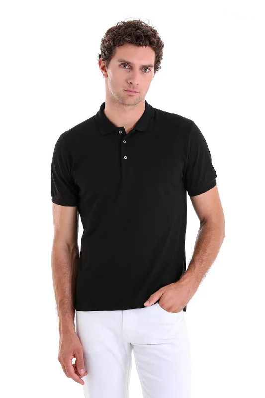 Comfort Fit Basic Plain 100% Cotton Black Polo T-Shirt