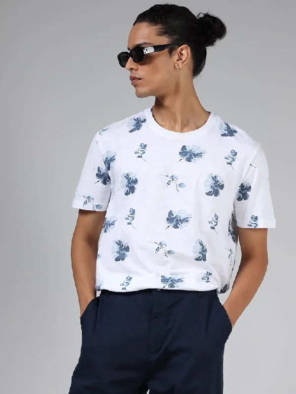 ETA White Floral Printed Cotton Slim-Fit T-Shirt