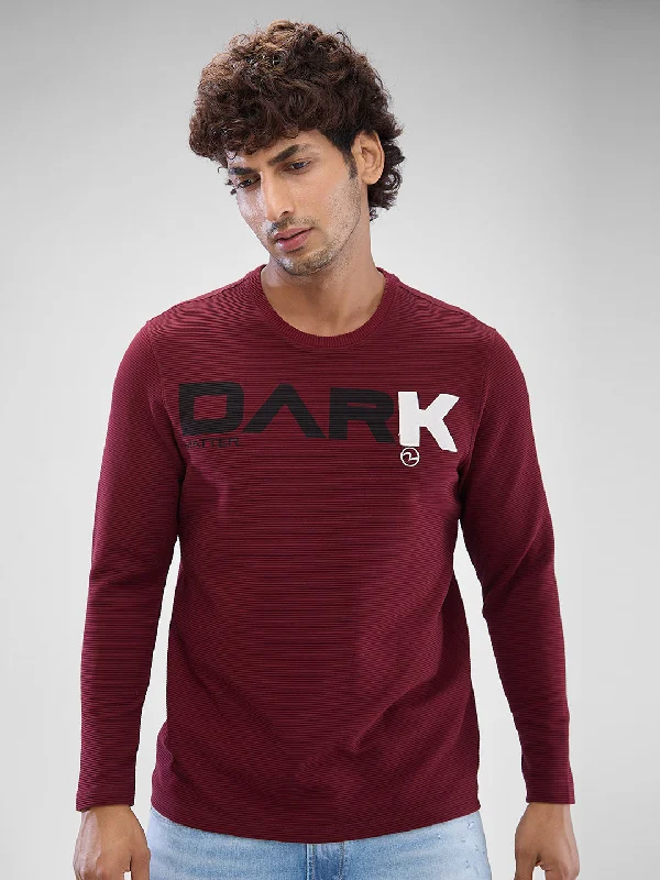 Spykar Wine Red Cotton Poly Full Sleeve T-shirt For Men