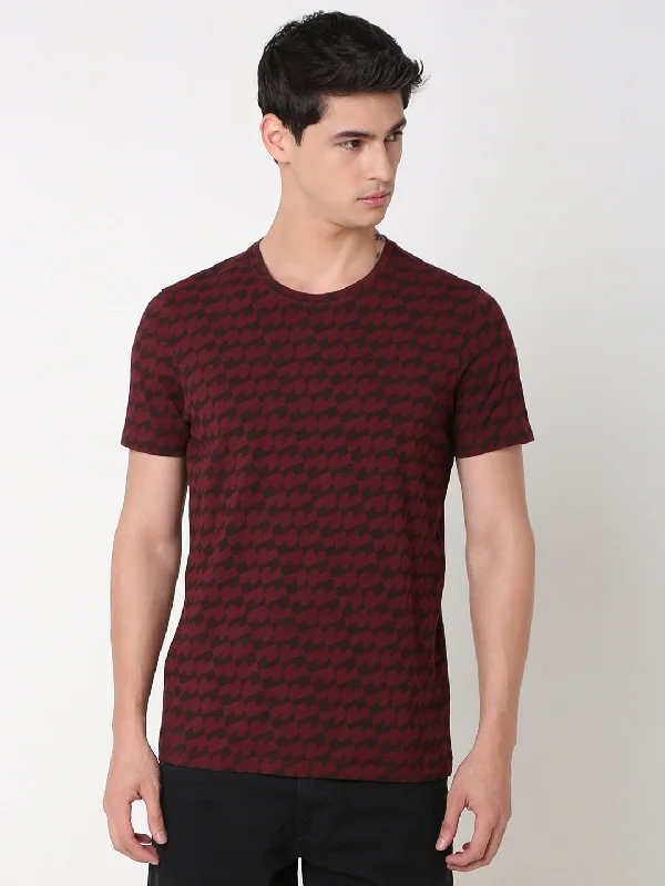 Spykar Slim Fit Printed Round Neck Red T-Shirt For Men