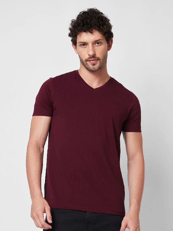 Spykar V NECK HALF SLEEVES Red T-shirt  For Men