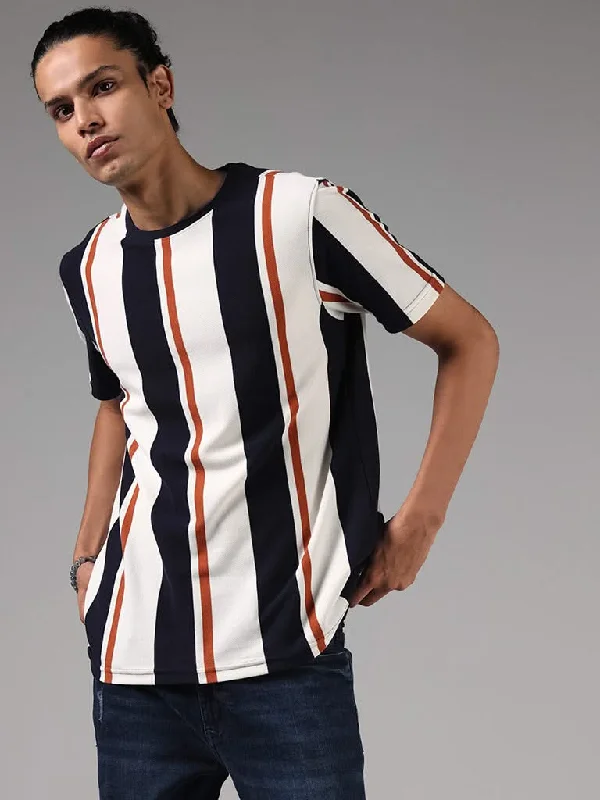 Nuon Off White Striped Cotton Blend Slim-Fit T-Shirt