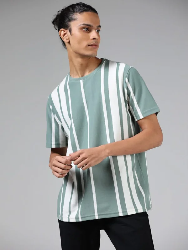 Nuon Sage Green & White Striped Cotton Blend Slim-Fit T-Shirt