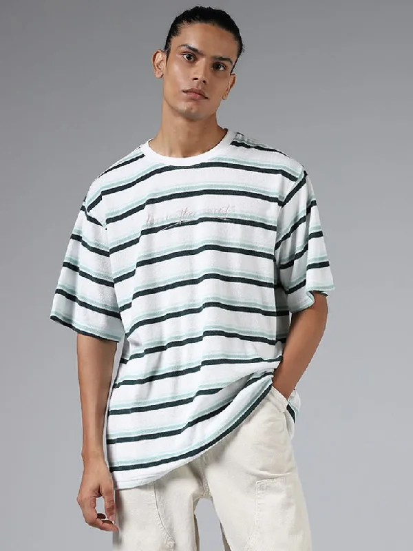 Nuon White Striped Cotton Relaxed-Fit T-Shirt