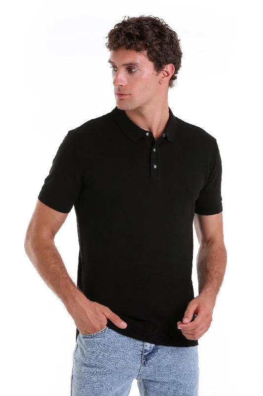 Regular Fit Black Cotton Blend Jacquard Polo T-Shirt