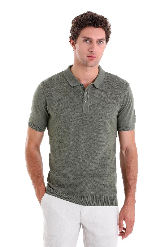 Regular Fit Cotton Blend Khaki Jacquard Polo T-Shirt