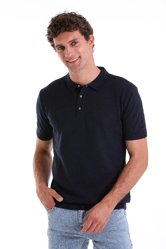 Regular Fit Cotton Blend Navy Jacquard Polo T-Shirt