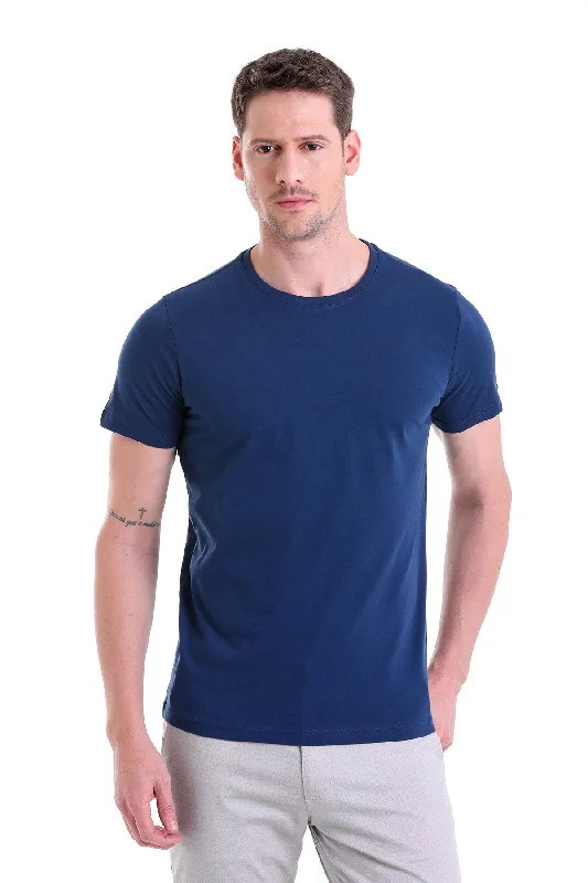 Regular Fit Indigo Basic Cotton Crew Neck T-Shirt