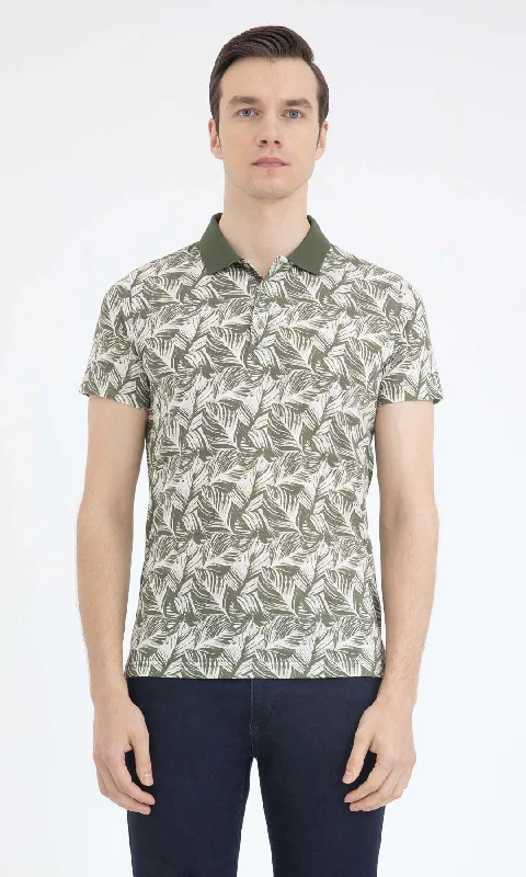 Regular Fit Printed Cotton Blend Khaki Polo T-Shirt