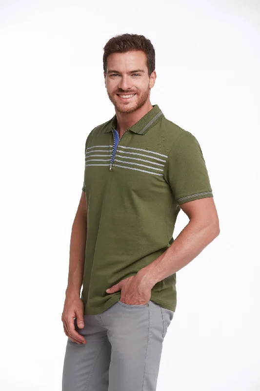 Regular Fit Zip Collar Khaki Cotton Polo T-Shirt