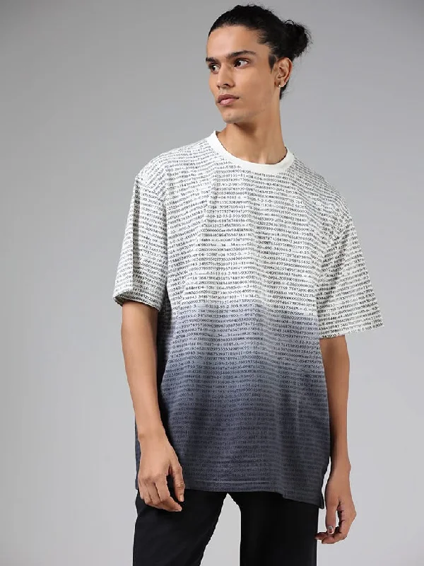 Studiofit Off White & Dark Grey Printed Cotton Relaxed-Fit T-Shirt