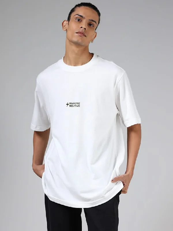 Studiofit Off White Typographic Printed Cotton Relaxed-Fit T-Shirt