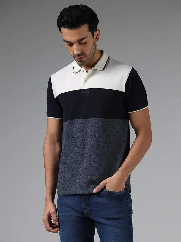 WES Casuals Navy Colorblock Slim-Fit Polo T-Shirt