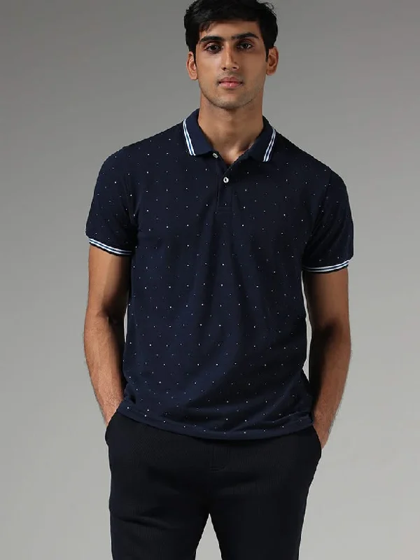 WES Casuals Navy Printed Slim-Fit Polo T-Shirt